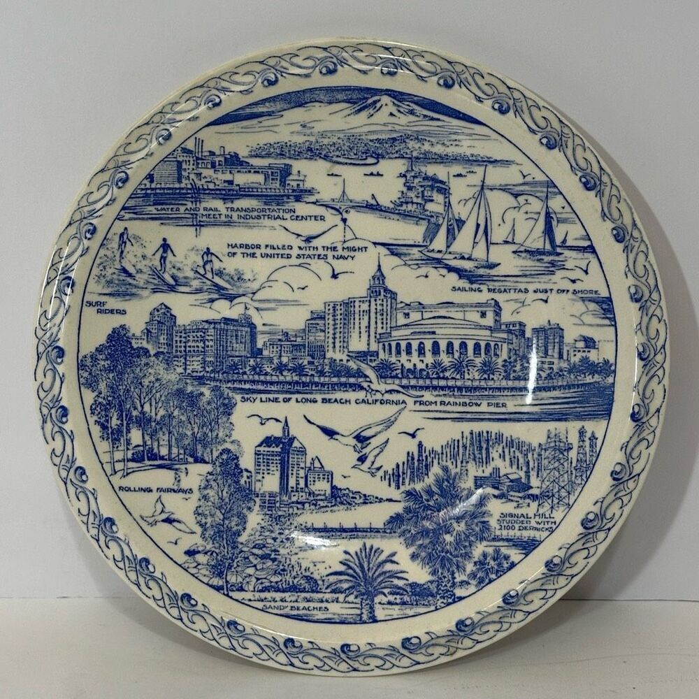 Vernon Kilns White and Blue Long Beach, California Plate 10.25”